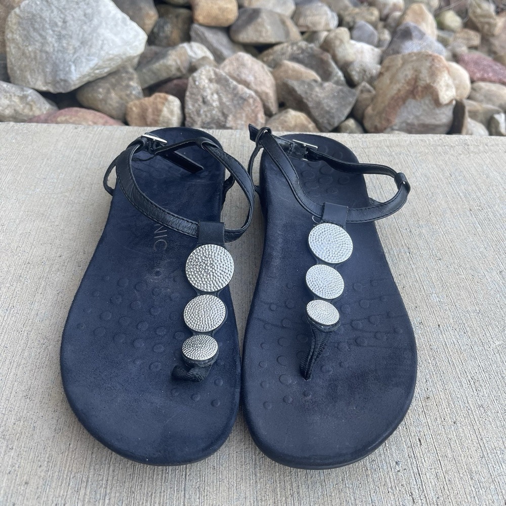 Vionic  Lizbeth Orthotic Womens Size 9.5 T Strap Sandals Black Suede Silver